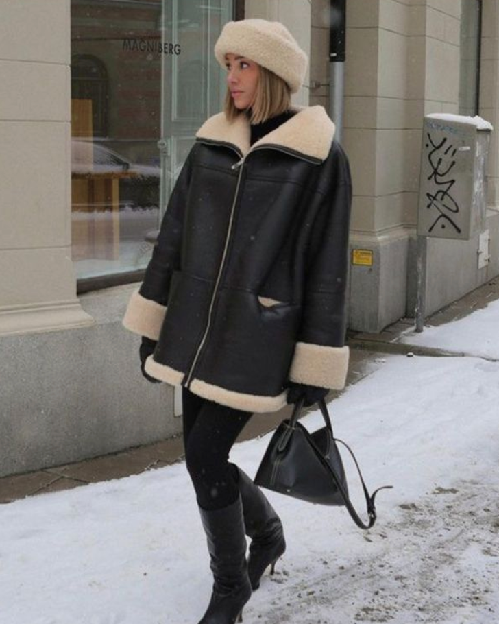 Viktoria | Oversize Lederblouson mit Fleece-Futter für Damen