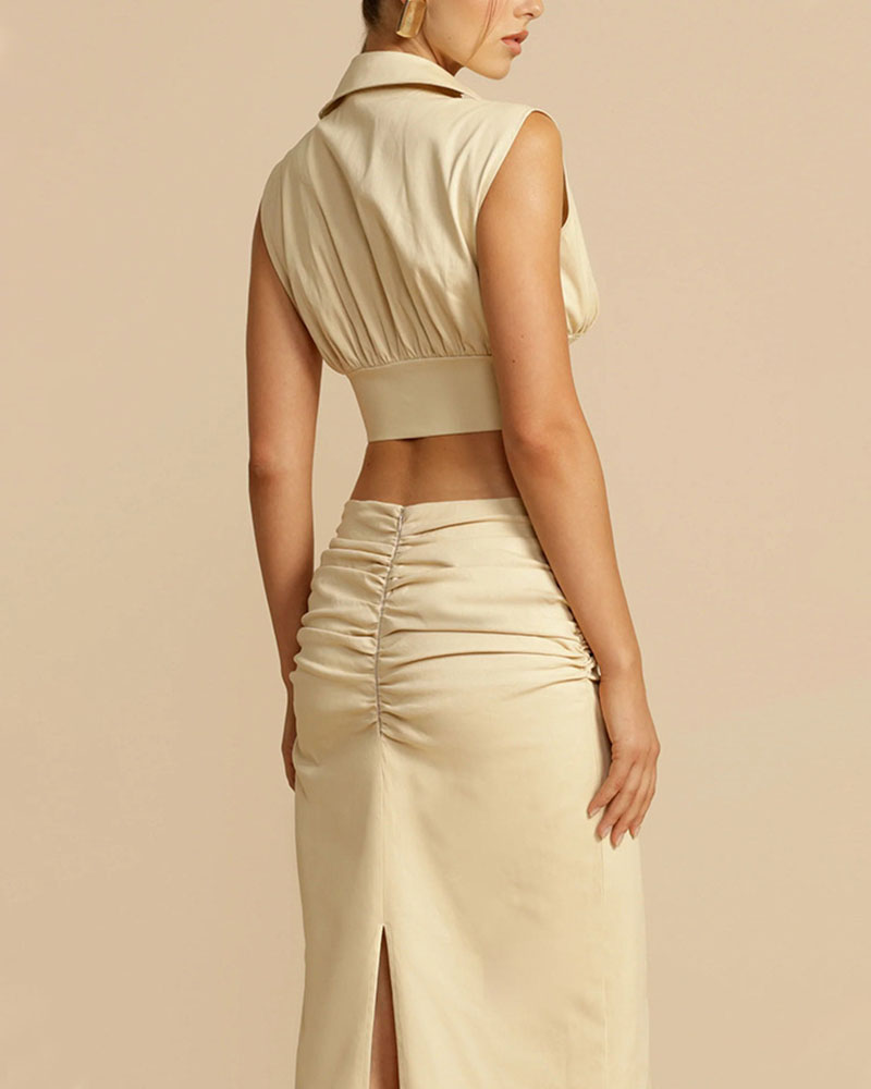 Aeliana | Ärmelloses tiefes V-Ausschnitt Crop Top und Maxi Rock Set