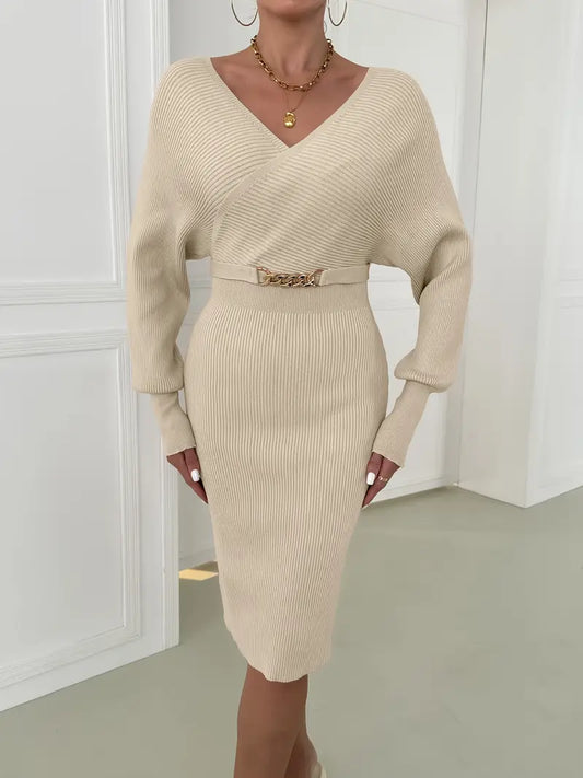 Exxy | Sexy V-Ausschnitt Midikleid mit langen Ärmeln für Herbst und Winter