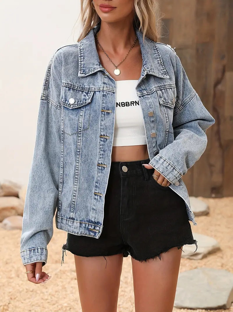 Elodie | Hellblaue Jeansjacke mit Quasten und Pailletten