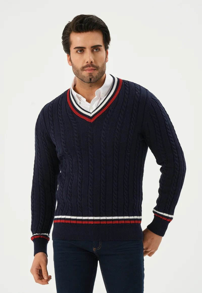 Kace | Weißer V-Ausschnitt Kabel Gestrickter Streifenpullover