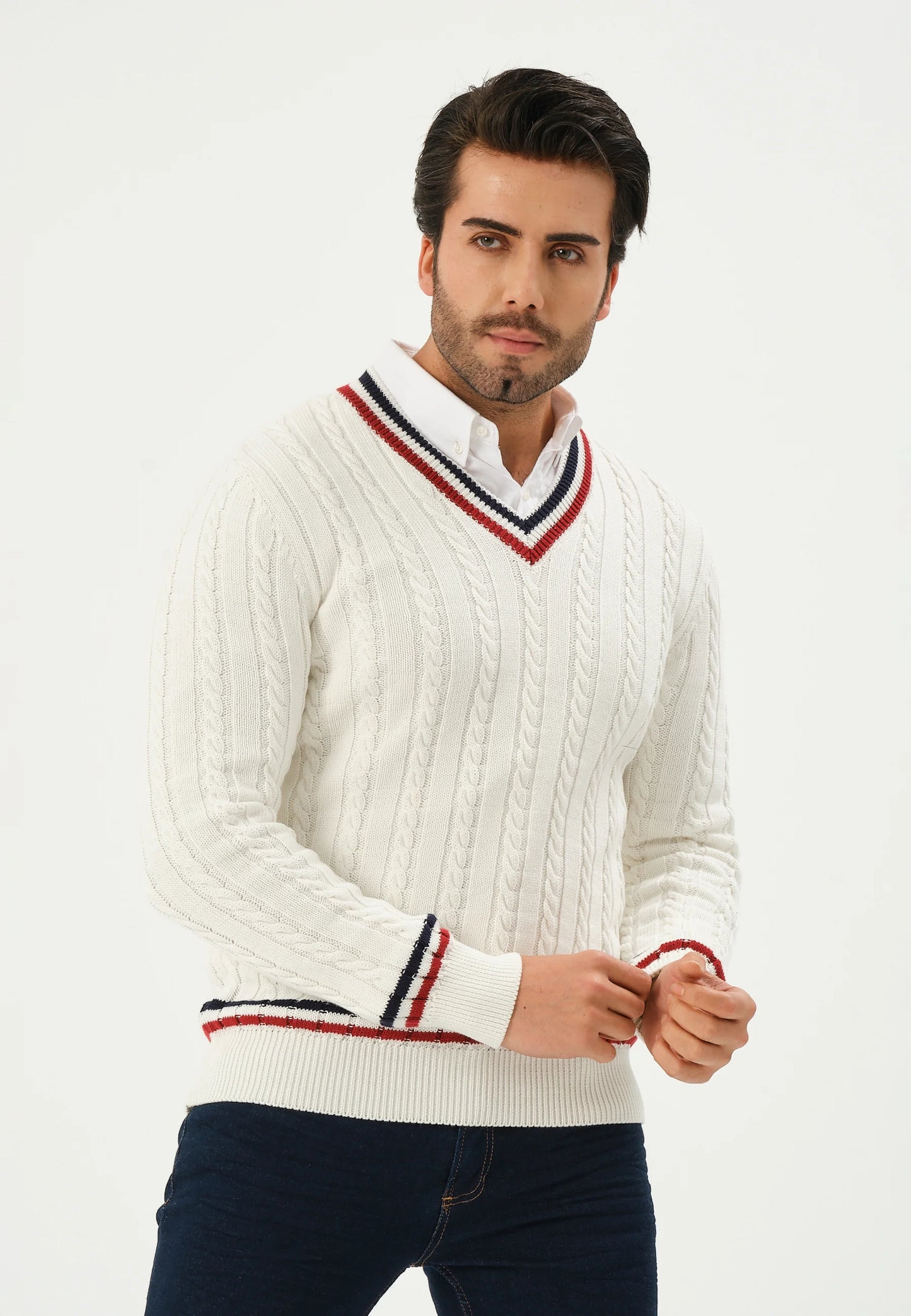 Kace | Weißer V-Ausschnitt Kabel Gestrickter Streifenpullover