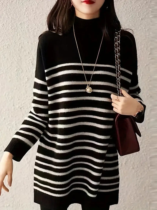 Striped | Eleganter Streifen-Pullover mit Hochkragen für Damen – Freizeit-Trikot