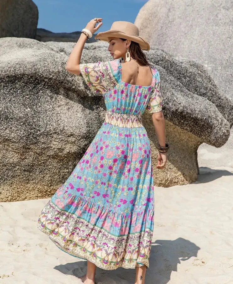 Bryndis | Blumen-Sommerkleid Blau