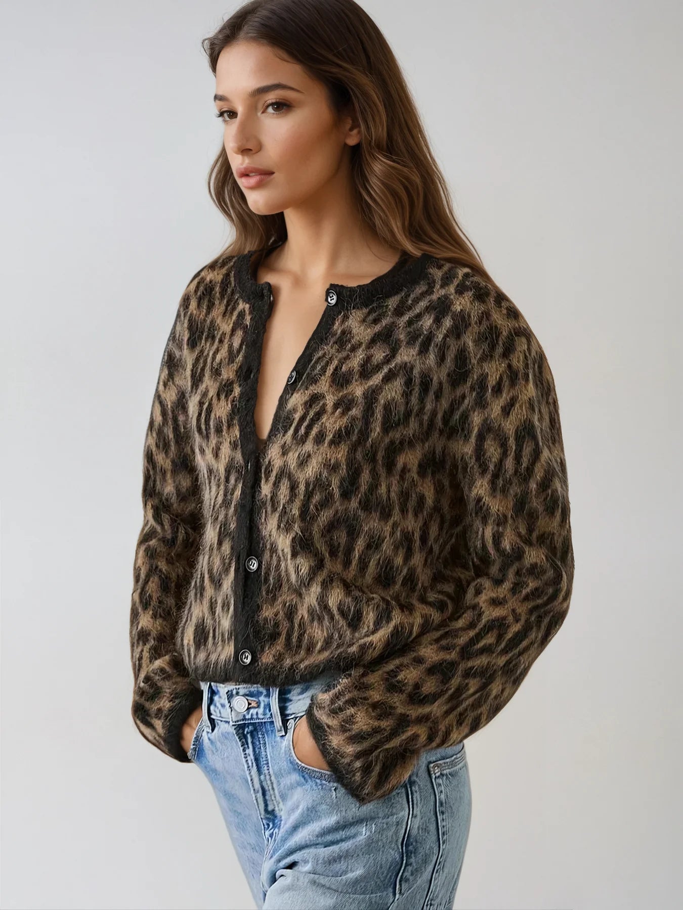 Katren | Damen Leopard Cardigan mit Rundhalsausschnitt