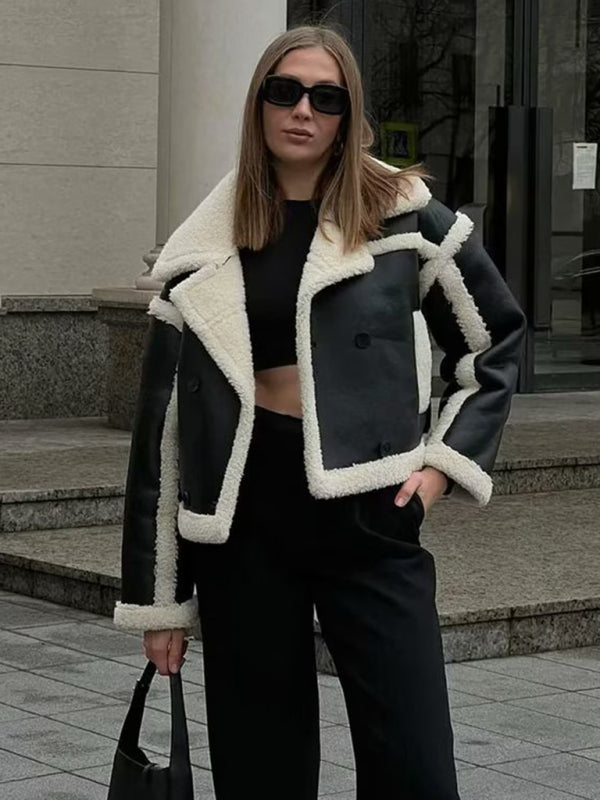 Soe | Modische Damen-Pilotjacke mit Lammfellimitat und Kontrastnähten