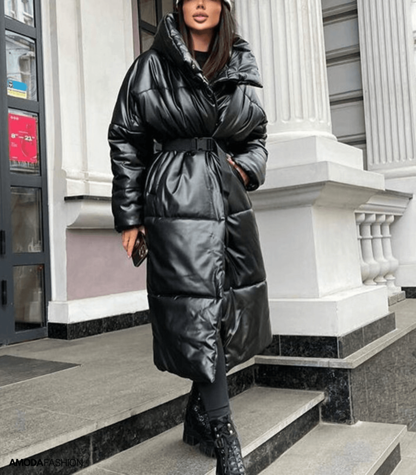 Langie | Lange Leder-Pufferjacke mit Gürtel für Damen – Stilvoll und Wärmend