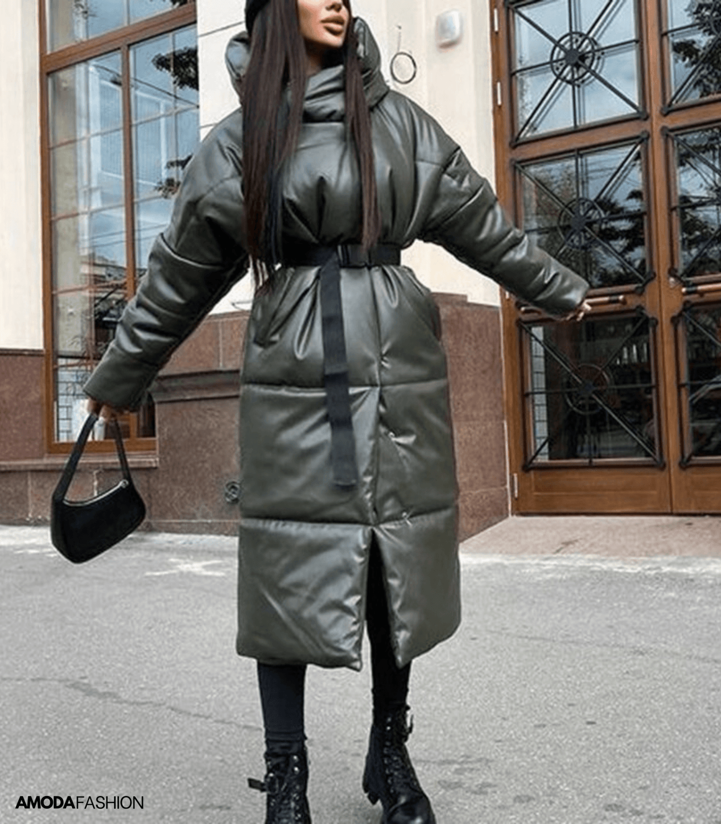 Langie | Lange Leder-Pufferjacke mit Gürtel für Damen – Stilvoll und Wärmend