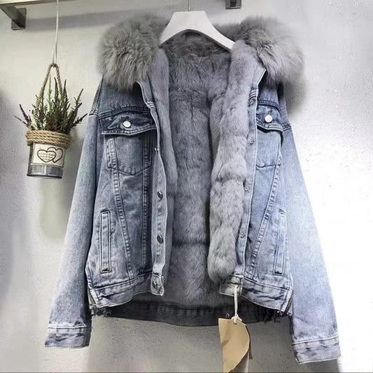 Frednda | Denim Jacke mit Fleece-Futter und Warmem Pelzbesatz für Damen