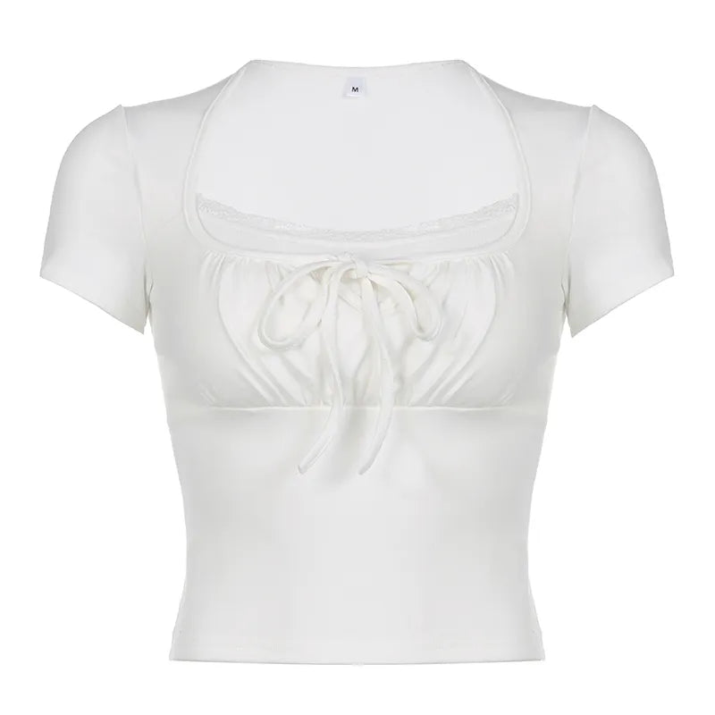 Shayi | Top mit Spitzenbesatz, eckigem Ausschnitt und Kordelzug